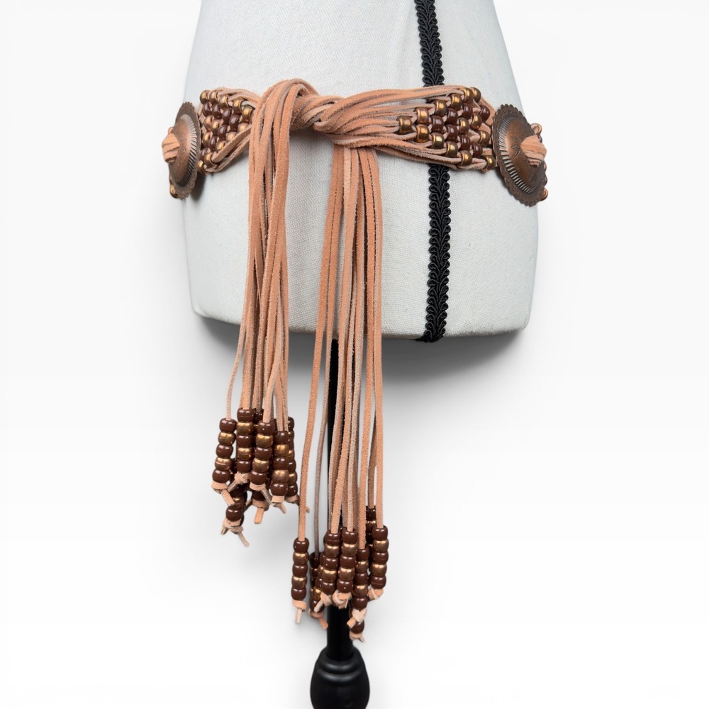 Concho Beaded Leather Waist Belt Womens OS Tan  Western Boho Hippie Fringe Tie - Picture 4 of 7